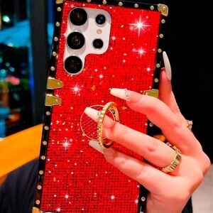 1pc Red Sparkle Rectangle Pattern Phone Case With Ring Holder Stand, Anti-Shock,